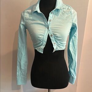 Light Blue Women's Button-Up Crop Top